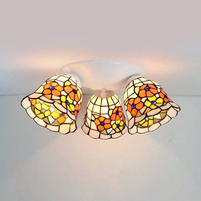 Vintage Scalloped Glass Ceiling Light with Floral Patterns and 3 Lights in White