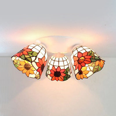 Vintage Scalloped Glass Ceiling Light with Floral Patterns and 3 Lights in White