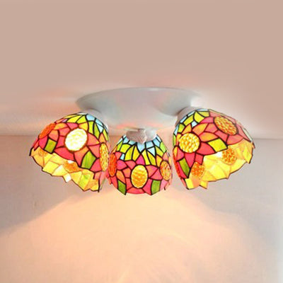 Vintage Scalloped Glass Ceiling Light With Floral Patterns And 3 Lights In White / Sunflower