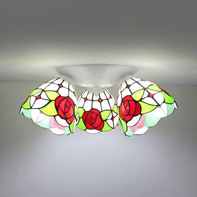 Vintage Scalloped Glass Ceiling Light with Floral Patterns and 3 Lights in White