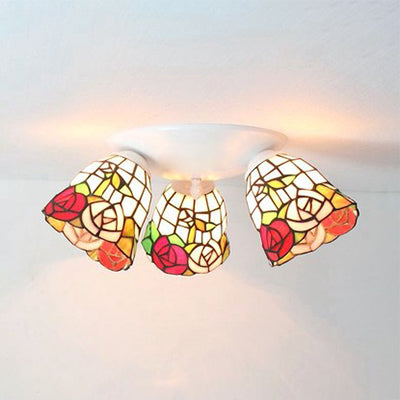 Vintage Scalloped Glass Ceiling Light with Floral Patterns and 3 Lights in White