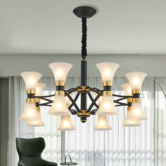 Modern White Ribbed Glass Pendant Chandelier - Flared Suspension 6/12/16 Lights Black And Gold 16 /