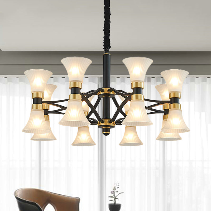 Modern White Ribbed Glass Pendant Chandelier - Flared Suspension 6/12/16 Lights Black And Gold