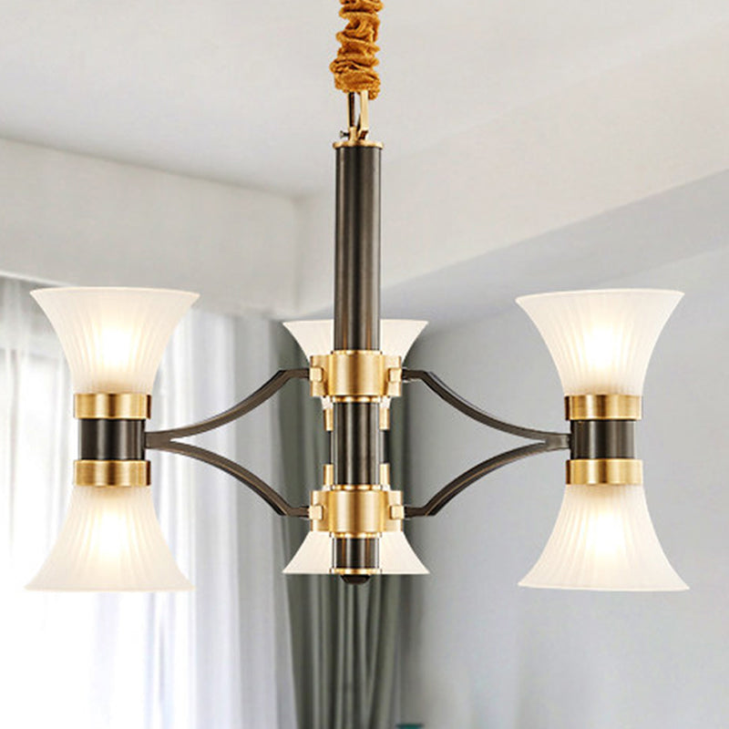 Modern White Ribbed Glass Pendant Chandelier - Flared Suspension 6/12/16 Lights Black And Gold 6 /