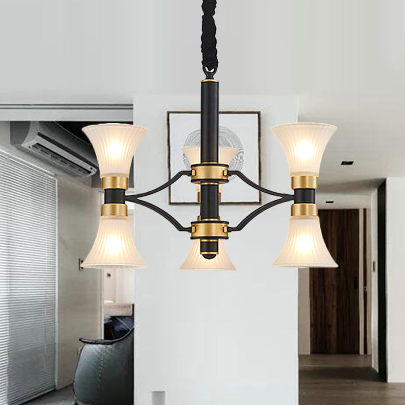 Modern White Ribbed Glass Pendant Chandelier - Flared Suspension 6/12/16 Lights Black And Gold