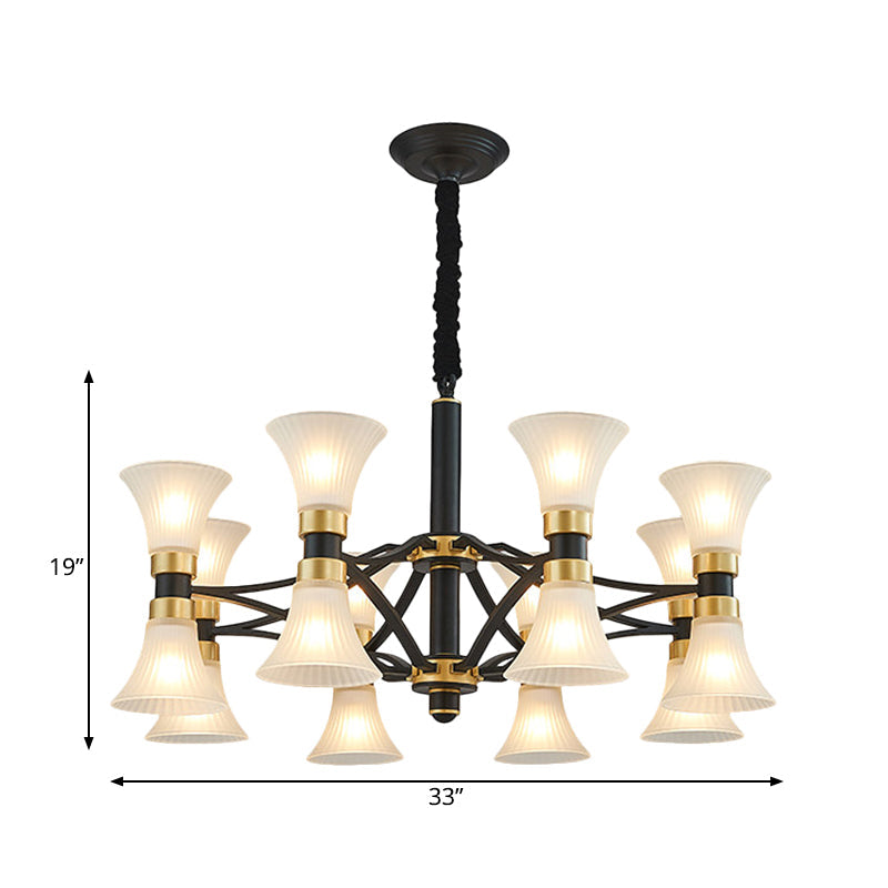 Modern White Ribbed Glass Pendant Chandelier - Flared Suspension 6/12/16 Lights Black And Gold