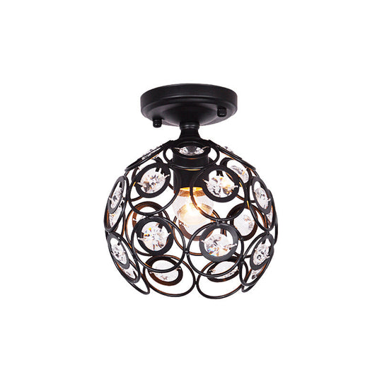 Contemporary Metal Globe Cage Semi-Flush Mount with Crystal Decorations and 1 Bulb in Black