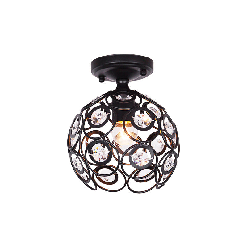 Contemporary Metal Globe Cage Semi-Flush Mount With Crystal Decorations And 1 Bulb In Black