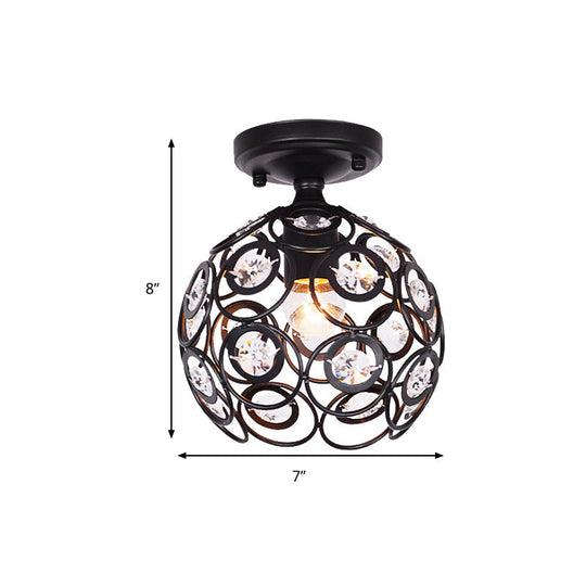 Contemporary Metal Globe Cage Semi-Flush Mount with Crystal Decorations and 1 Bulb in Black