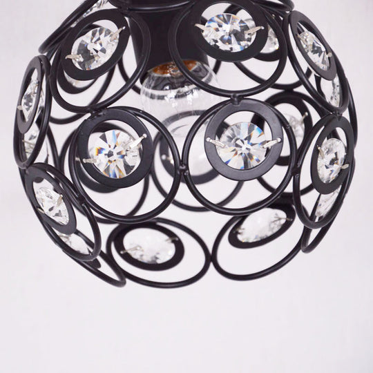 Contemporary Metal Globe Cage Semi-Flush Mount with Crystal Decorations and 1 Bulb in Black