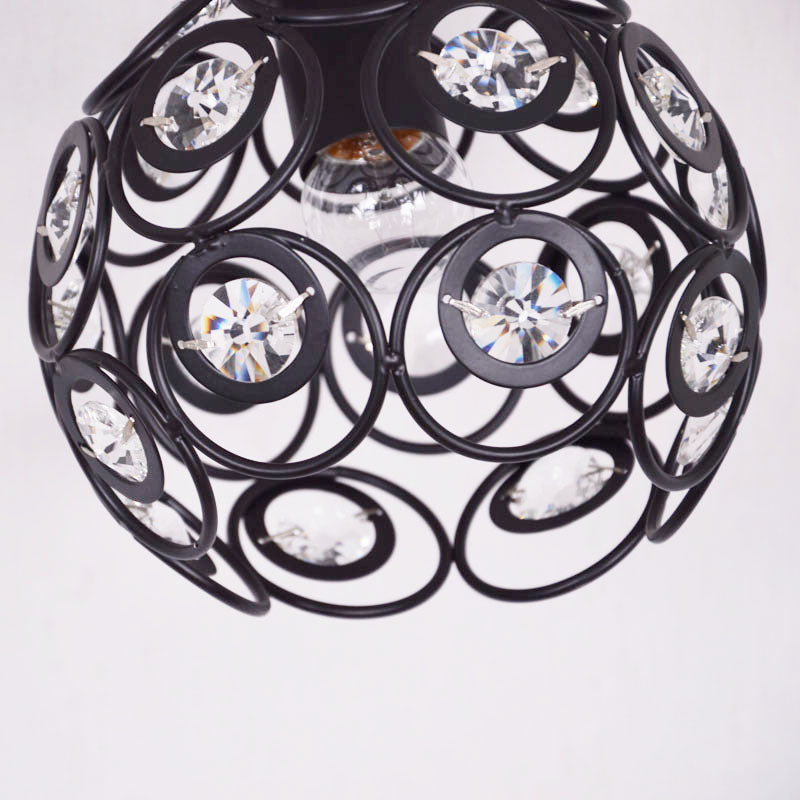 Contemporary Metal Globe Cage Semi-Flush Mount With Crystal Decorations And 1 Bulb In Black