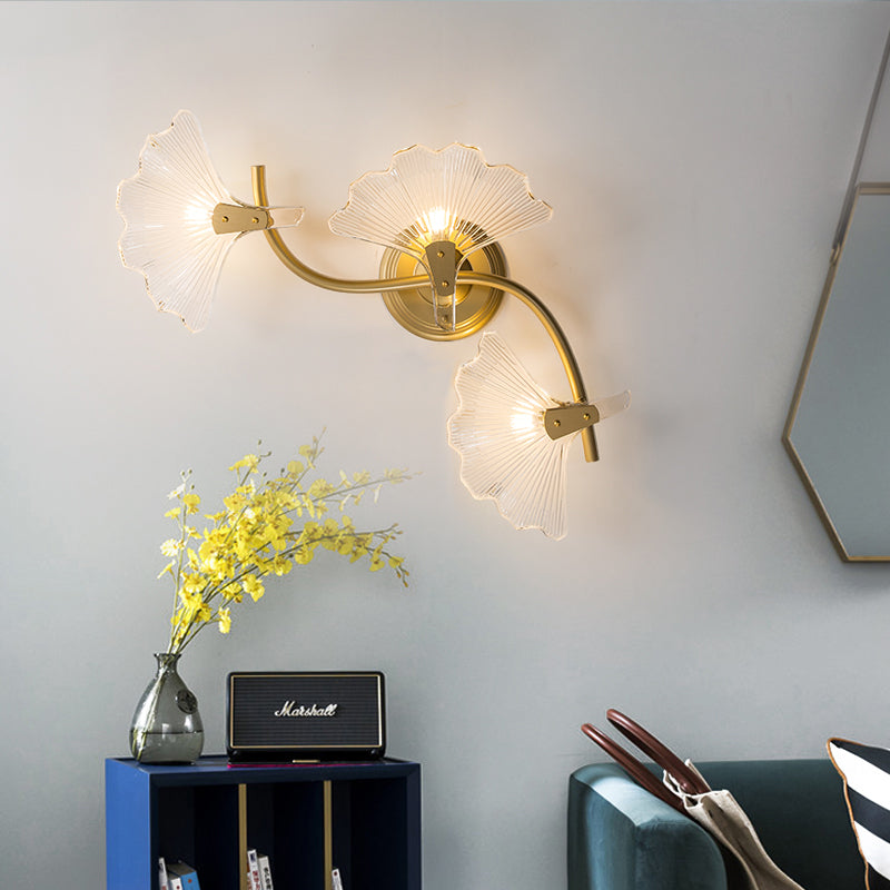 Ginkgo Leaves Wall Light - Modern Decorative Clear Glass Sconce Lighting In Brass