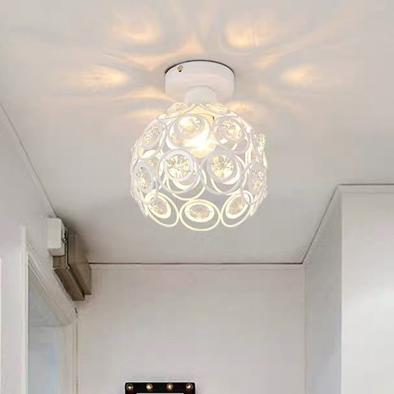 White/Black Domed Flush Mount Light With Crystal Bead Accent - Modern Metal Ceiling For Kitchen