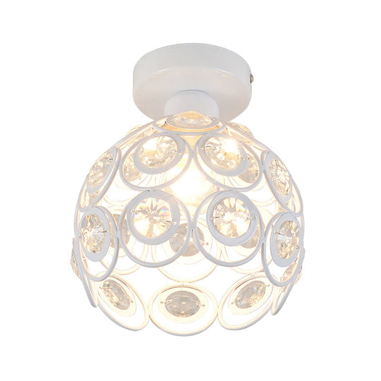 White/Black Domed Flush Mount Light with Crystal Bead Accent - Modern Metal Ceiling Light for Kitchen