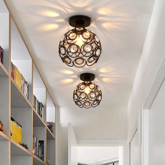 White/Black Domed Flush Mount Light With Crystal Bead Accent - Modern Metal Ceiling For Kitchen