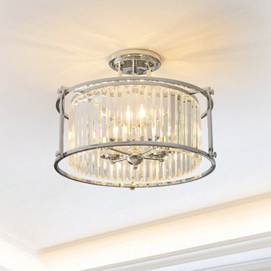 Vintage Chrome Metal Frame Drum Semi Flush Mount Ceiling Light with Crystal Prism - 4 Lights