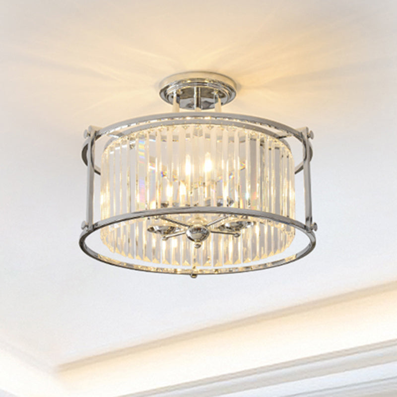 Vintage Chrome Metal Frame Drum Semi Flush Mount Ceiling Light With Crystal Prism - 4 Lights