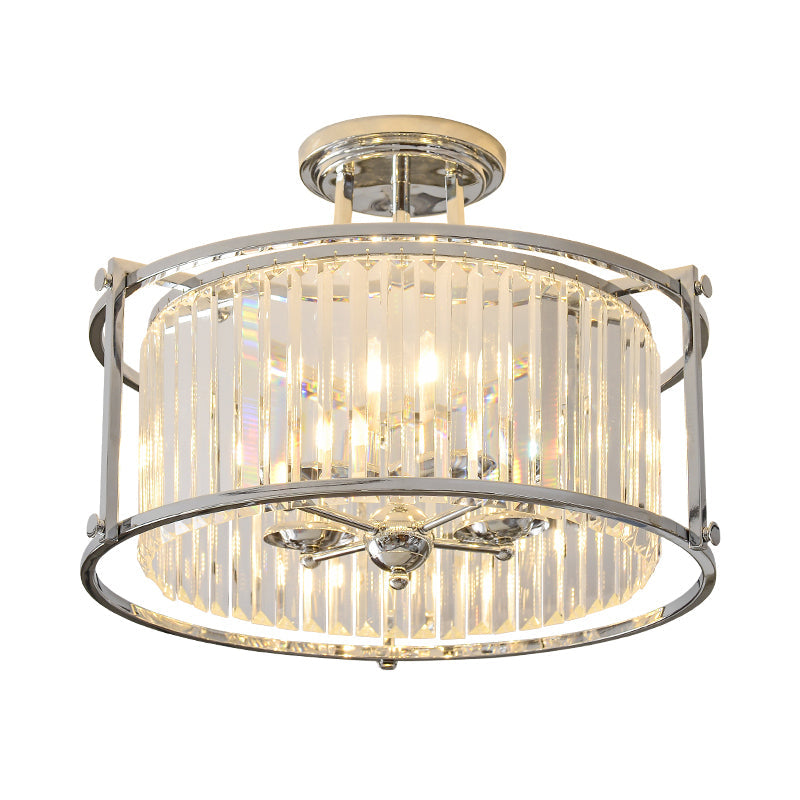 Vintage Chrome Metal Frame Drum Semi Flush Mount Ceiling Light with Crystal Prism - 4 Lights