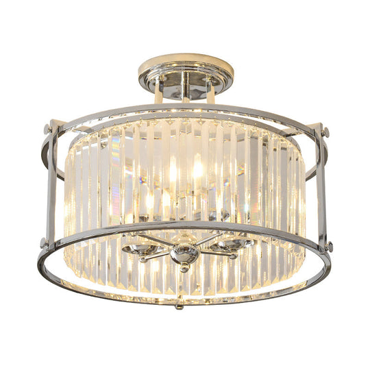 Vintage Chrome Metal Frame Drum Semi Flush Mount Ceiling Light with Crystal Prism - 4 Lights