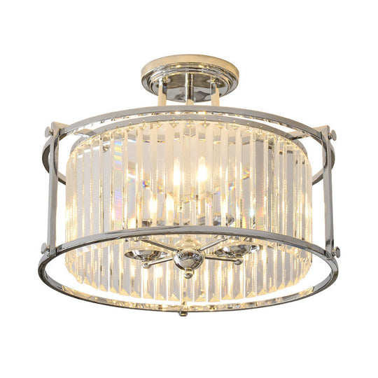 Vintage Chrome Metal Frame Drum Semi Flush Mount Ceiling Light With Crystal Prism - 4 Lights