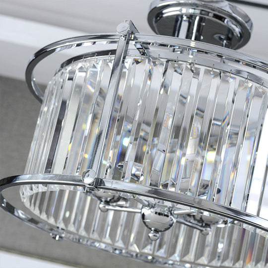 Vintage Chrome Metal Frame Drum Semi Flush Mount Ceiling Light with Crystal Prism - 4 Lights