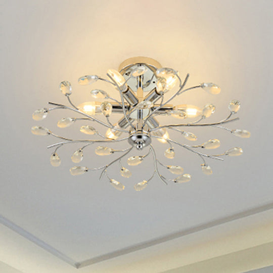 Modern Chrome Semi Flush Chandelier with Crystal Accents - 6 Light Semi Flush