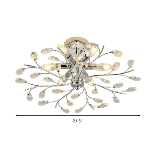 Modern Chrome Semi Flush Chandelier with Crystal Accents - 6 Light Semi Flush