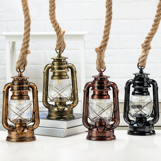 Nautical Hemp Rope Pendant Ceiling Lamp With Transparent Glass Lantern