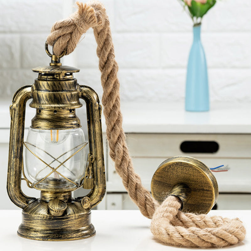 Nautical Hemp Rope Pendant Ceiling Lamp With Transparent Glass Lantern Antique Brass