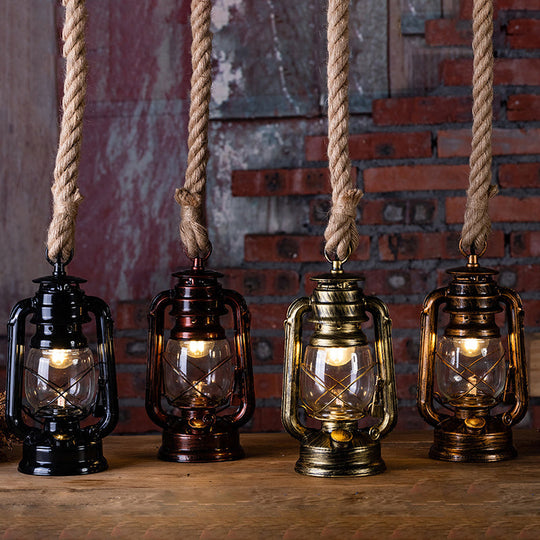 Nautical Hemp Rope Pendant Ceiling Lamp With Transparent Glass Lantern