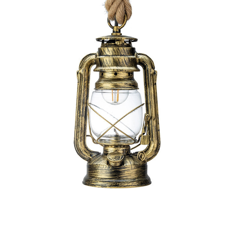 Nautical Hemp Rope Pendant Ceiling Lamp With Transparent Glass Lantern