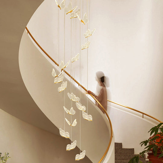 Butterfly Spiral Stairs Ceiling Lighting Acrylic Modern LED Multi-Light Pendant in Gold