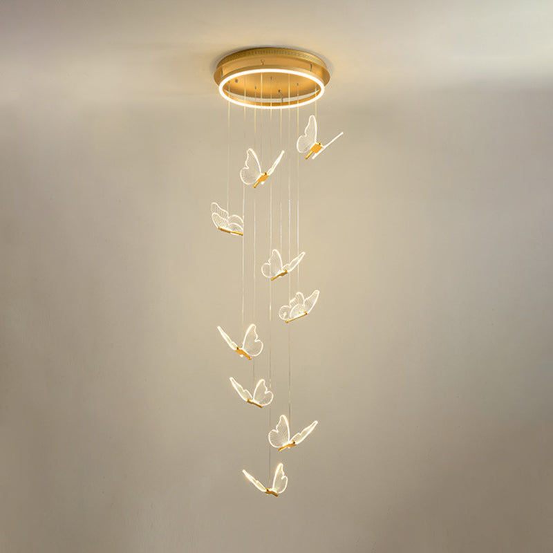 Butterfly Spiral Stairs Ceiling Lighting Acrylic Modern LED Multi-Light Pendant in Gold