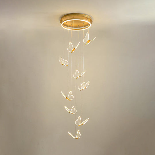 Butterfly Spiral Stairs Ceiling Lighting Acrylic Modern LED Multi-Light Pendant in Gold