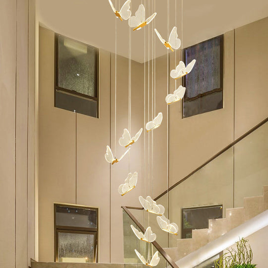 Butterfly Spiral Stairs Ceiling Lighting Acrylic Modern LED Multi-Light Pendant in Gold