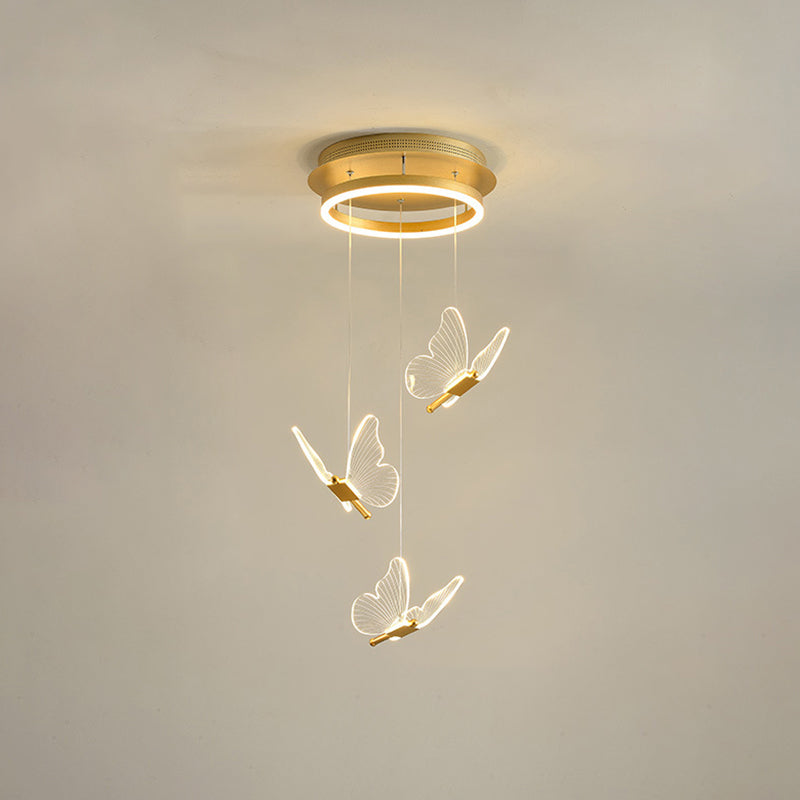 Butterfly Spiral Stairs Ceiling Lighting Acrylic Modern LED Multi-Light Pendant in Gold