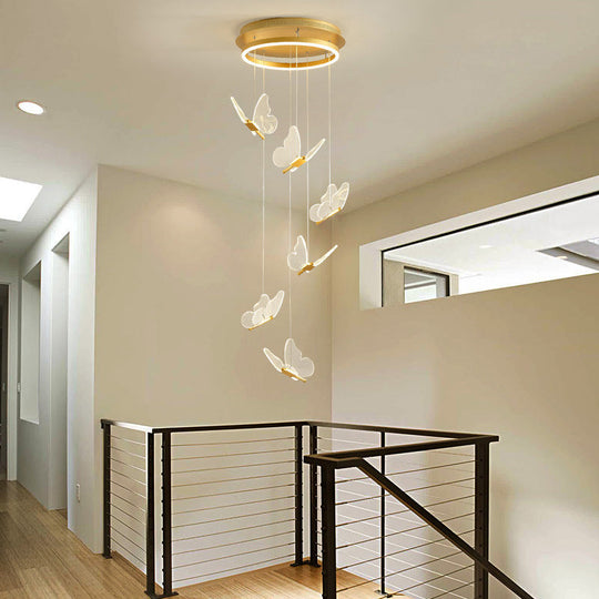 Butterfly Spiral Stairs Ceiling Lighting Acrylic Modern LED Multi-Light Pendant in Gold