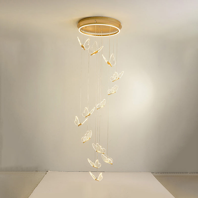 Butterfly Spiral Stairs Ceiling Lighting Acrylic Modern LED Multi-Light Pendant in Gold