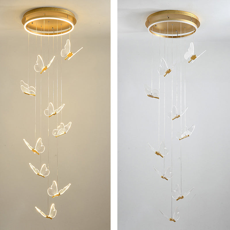 Butterfly Spiral Stairs Ceiling Lighting Acrylic Modern LED Multi-Light Pendant in Gold