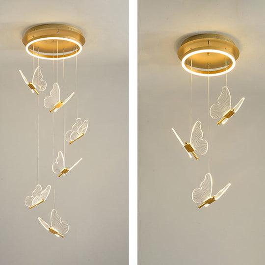 Butterfly Spiral Stairs Ceiling Lighting Acrylic Modern LED Multi-Light Pendant in Gold