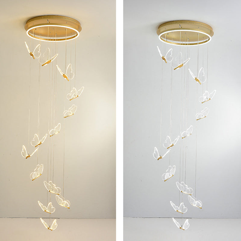 Butterfly Spiral Stairs Ceiling Lighting Acrylic Modern LED Multi-Light Pendant in Gold