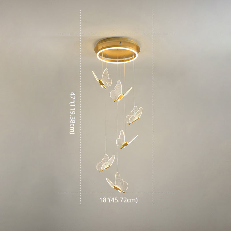 Butterfly Spiral Stairs Ceiling Lighting Acrylic Modern LED Multi-Light Pendant in Gold