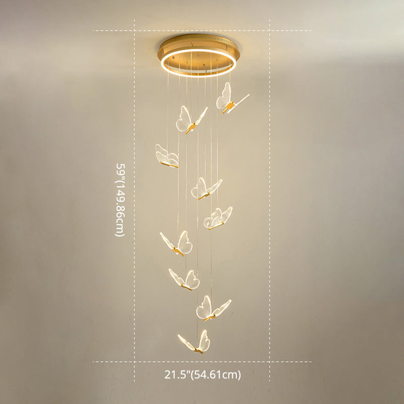 Butterfly Spiral Stairs Ceiling Lighting Acrylic Modern LED Multi-Light Pendant in Gold