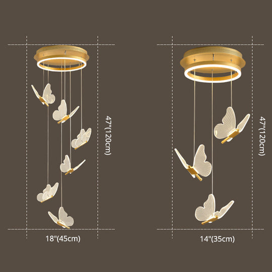 Butterfly Spiral Stairs Ceiling Lighting Acrylic Modern LED Multi-Light Pendant in Gold