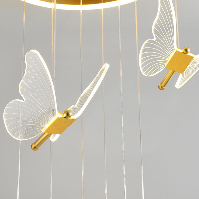 Butterfly Spiral Stairs Ceiling Lighting Acrylic Modern LED Multi-Light Pendant in Gold