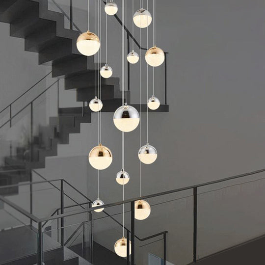 Minimalist 15-Head Silver-Gold Multi Pendant Light With Acrylic Bubble Globes - Stylish Hanging