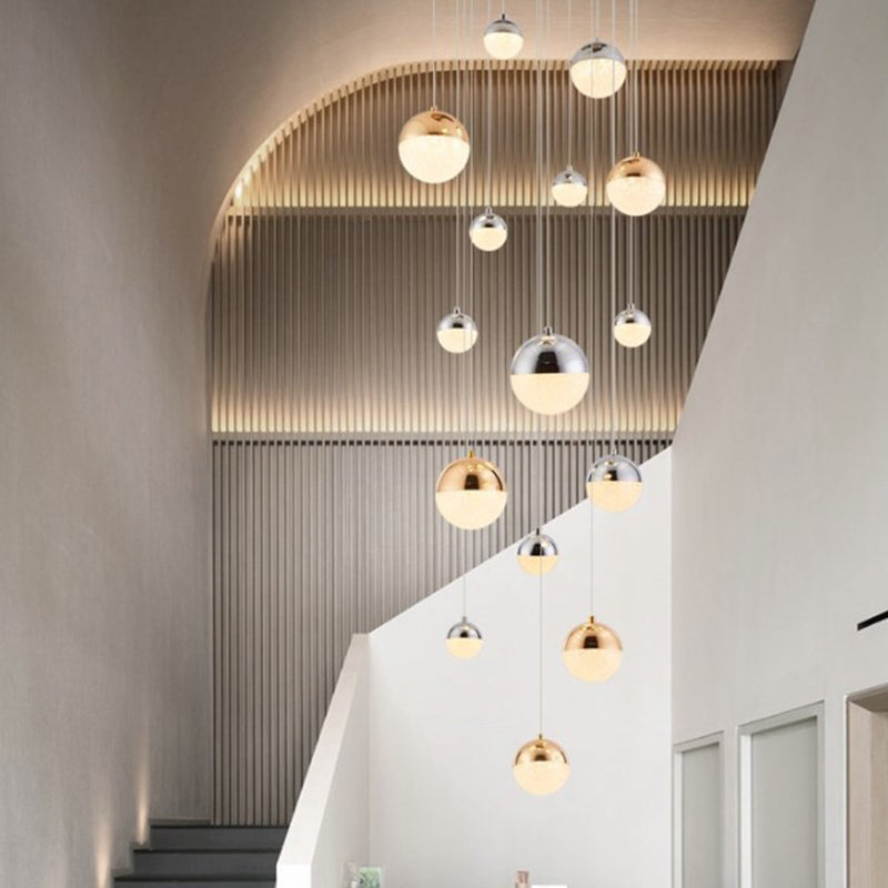 Minimalist 15-Head Silver-Gold Multi Pendant Light With Acrylic Bubble Globes - Stylish Hanging