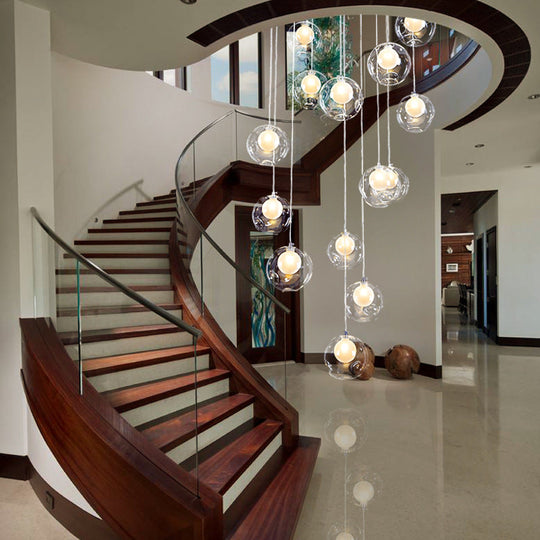 Sleek Spiral Stairs Suspension Light - Minimalist Bubbles Multi Pendant Fixture In Frosted