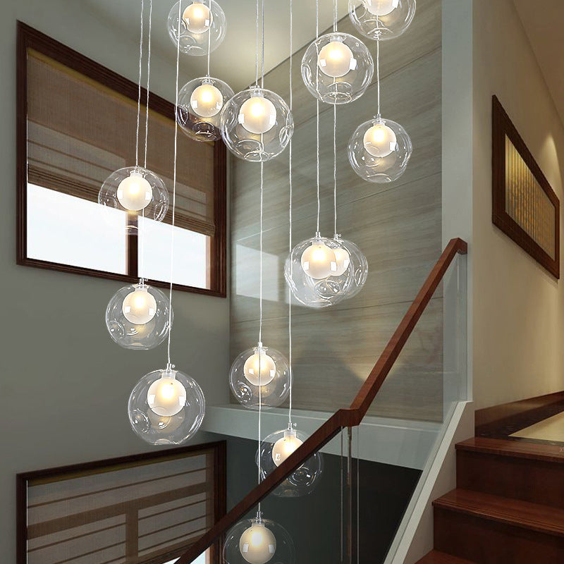 Sleek Spiral Stairs Suspension Light - Minimalist Bubbles Multi Pendant Fixture In Frosted