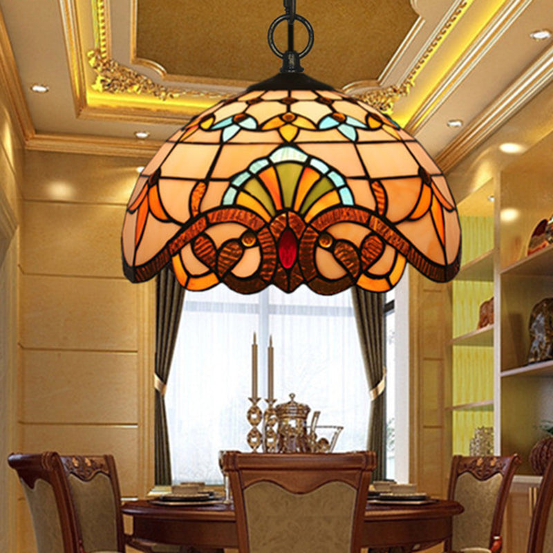 Baroque Stained Glass Pendant Light in Brown for Restaurant Ceiling Decor